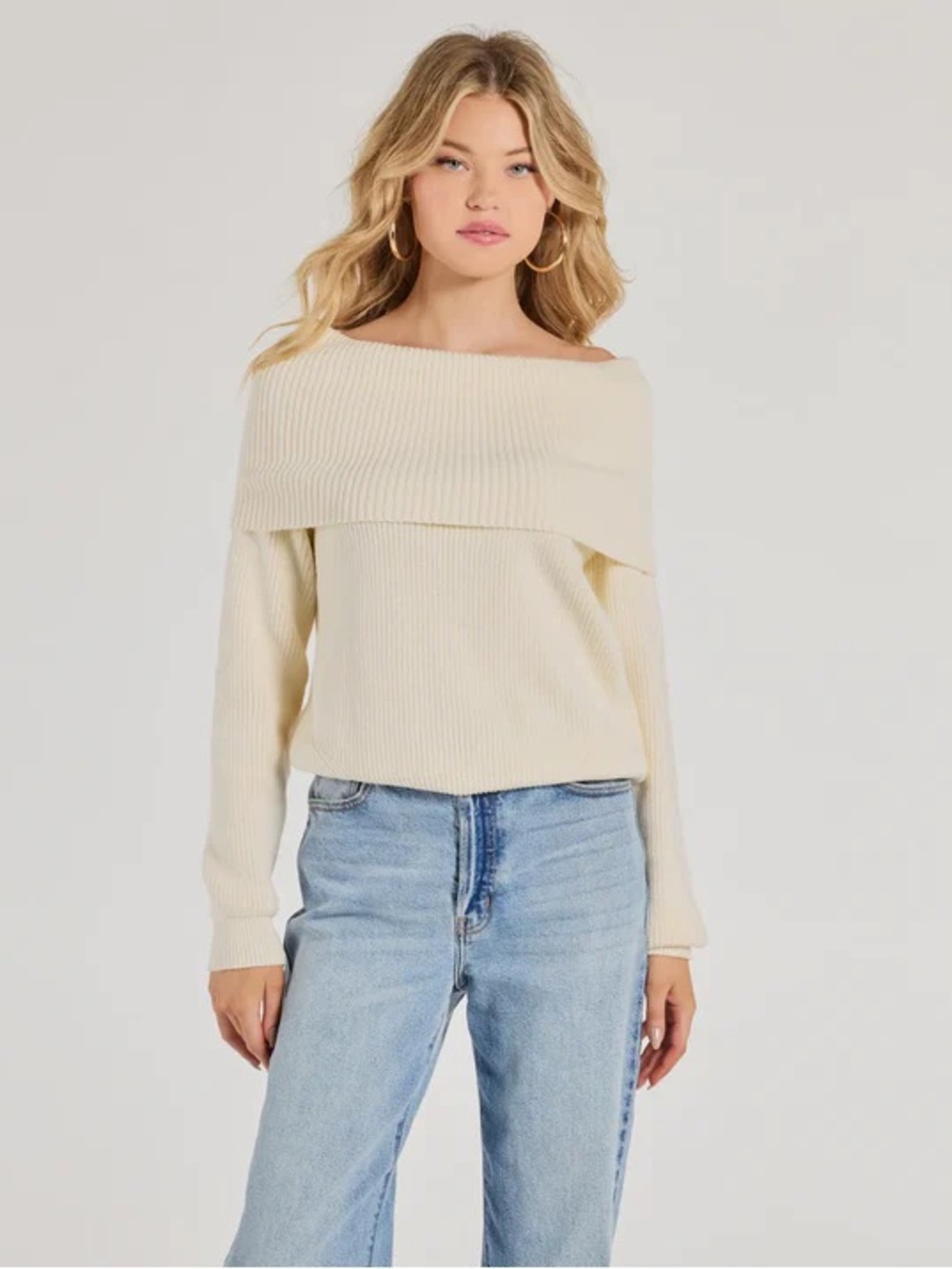 Windsor Cream Off-Shoulder Ribbed Yoke Sweater